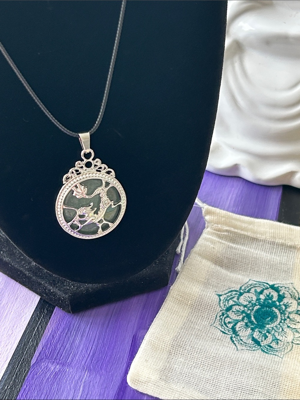 Silver Dragon Pendant in Green Aventurine Quartz Brings Good Fortune 1” Dia NWT
